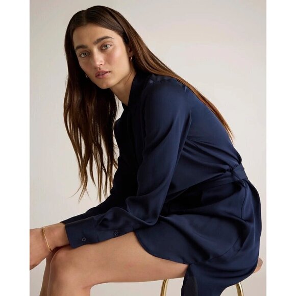 Quince Washable Stretch Silk Shirt Dress in navy Size S - Picture 3 of 10
